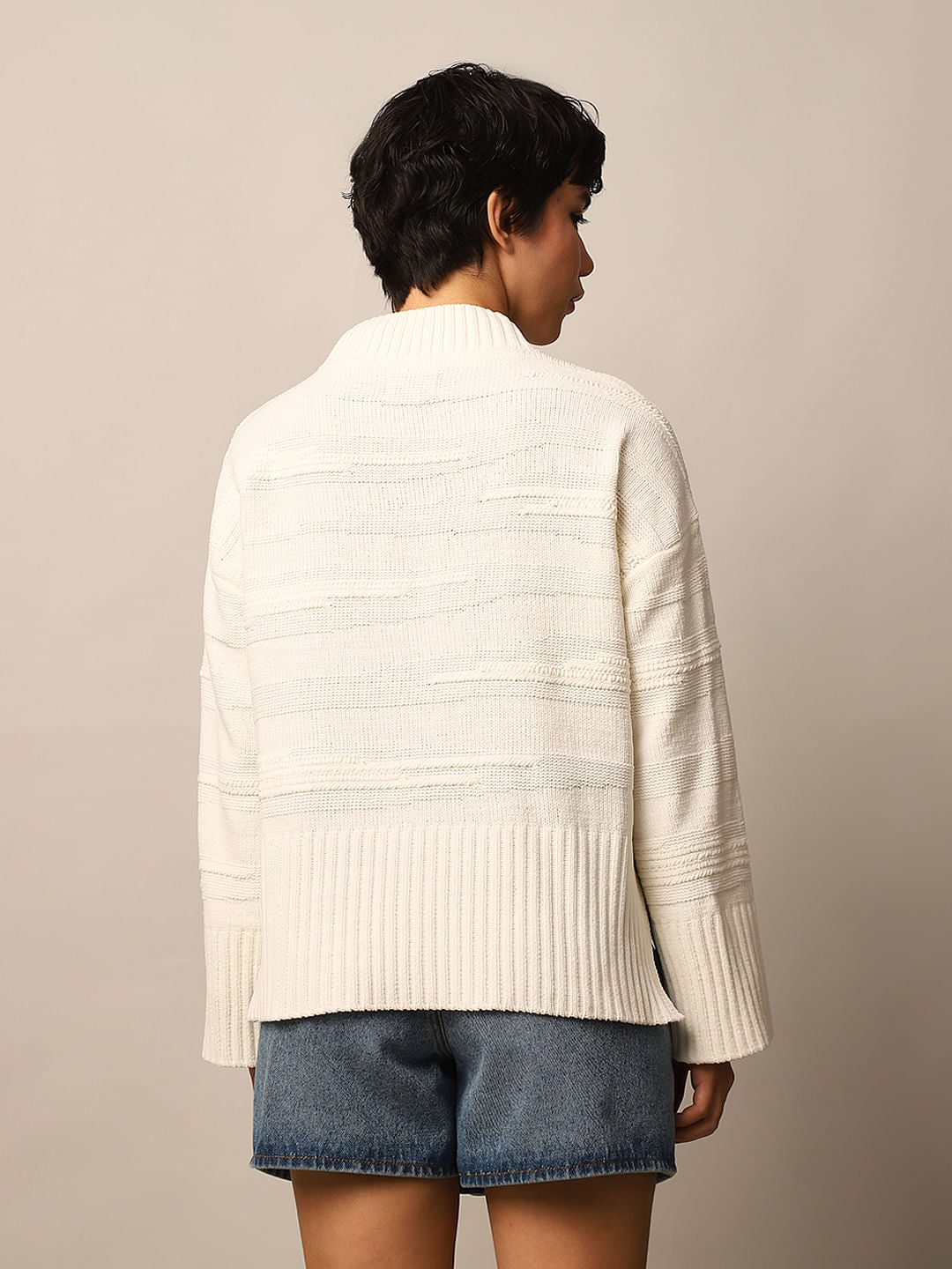 White Structured Loose Fit Pullover