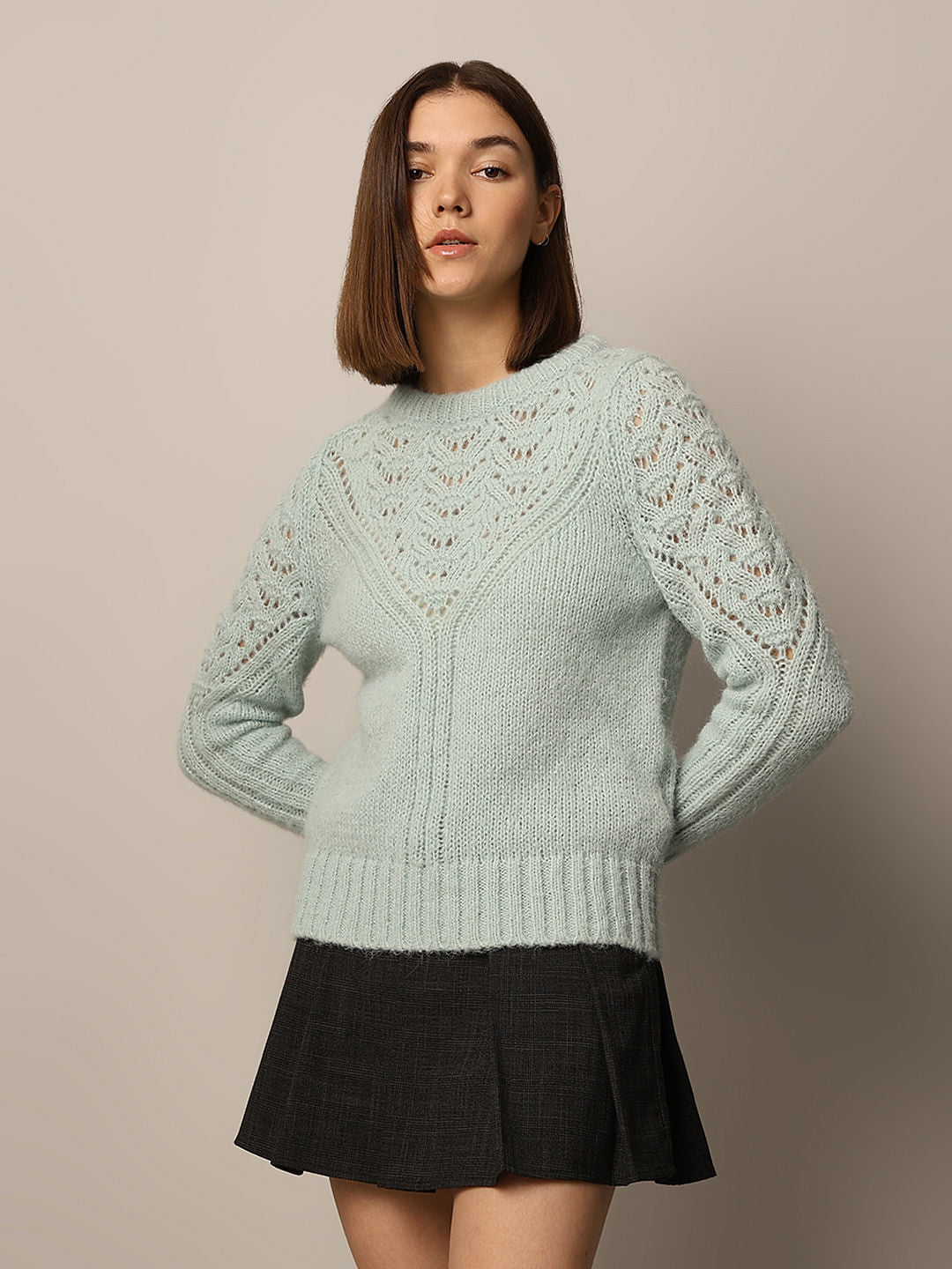 Green Pointelle Knit Pullover
