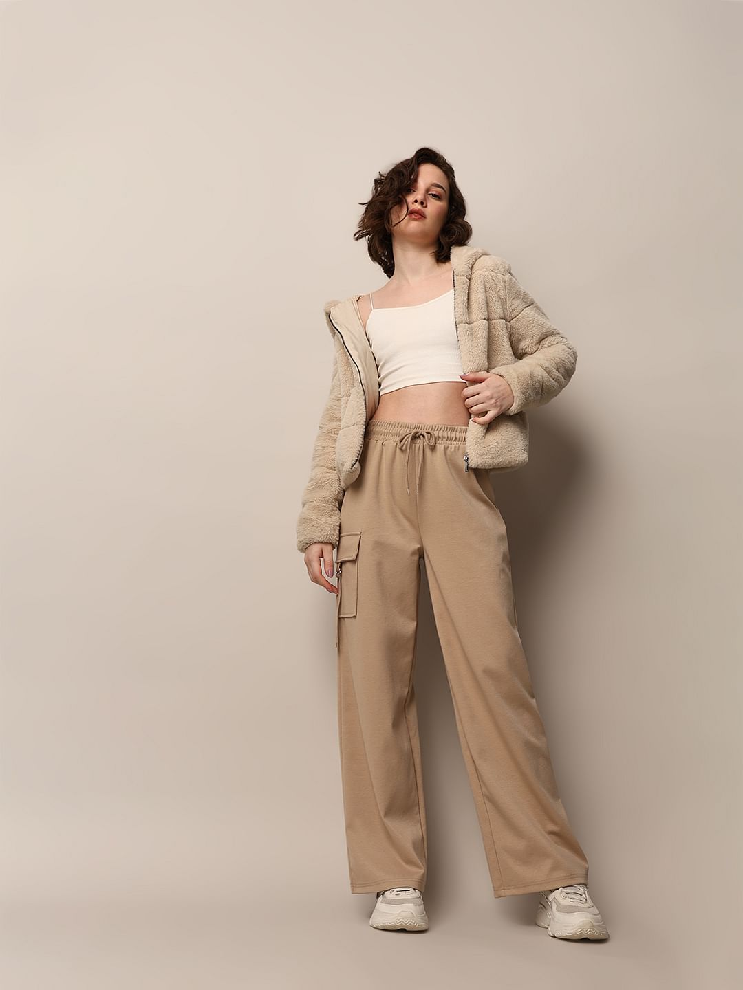Beige High Rise Straight Fit Pants - 26