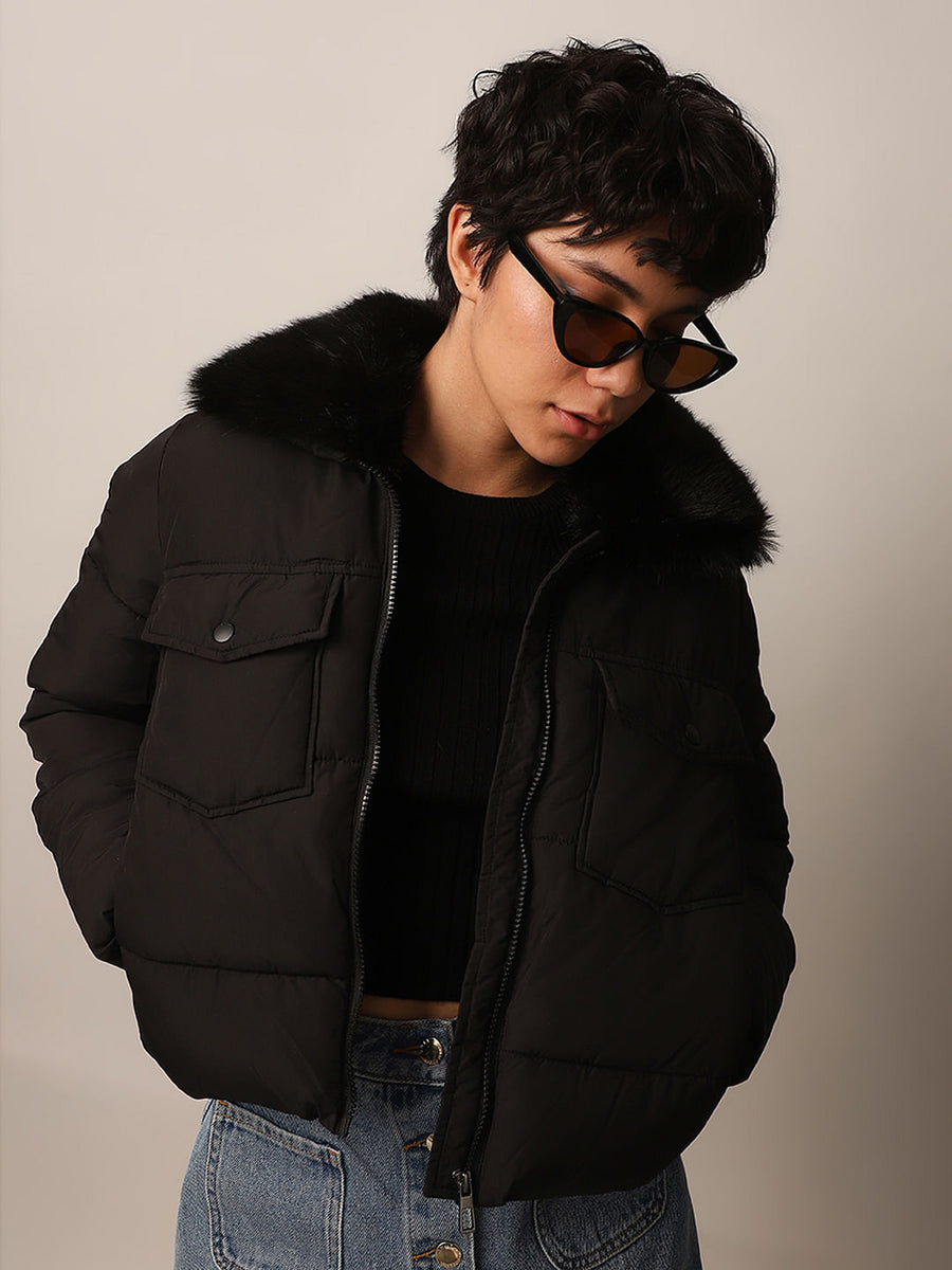 Black Puffer Coat With Fluffy Hood Black Faux Fur Collar Puffer Jacket