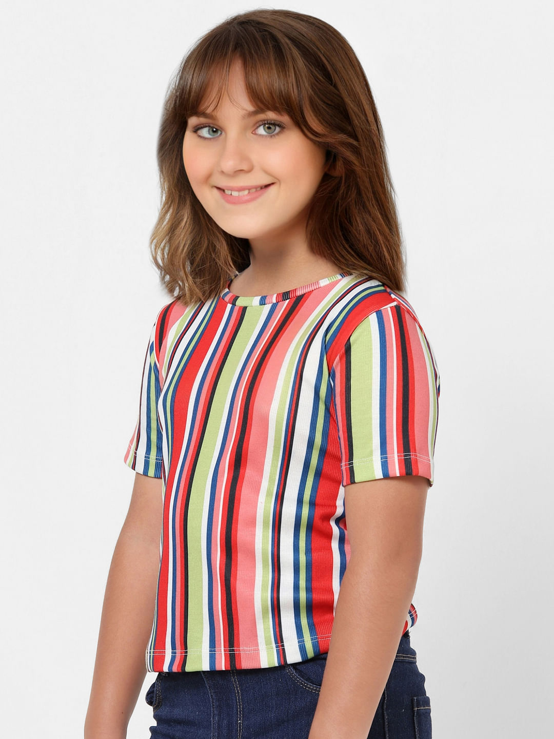 Girls White Colourblocked Striped T-Shirt