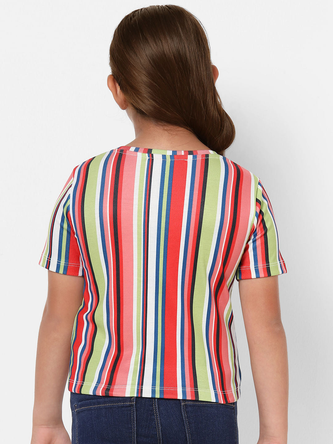 Girls White Colourblocked Striped T-Shirt