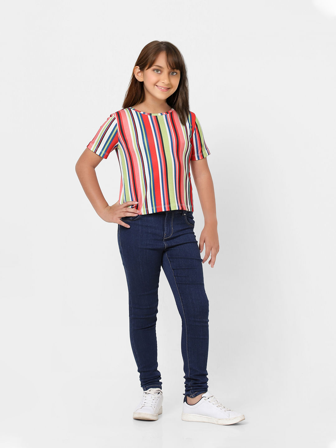 Girls White Colourblocked Striped T-Shirt