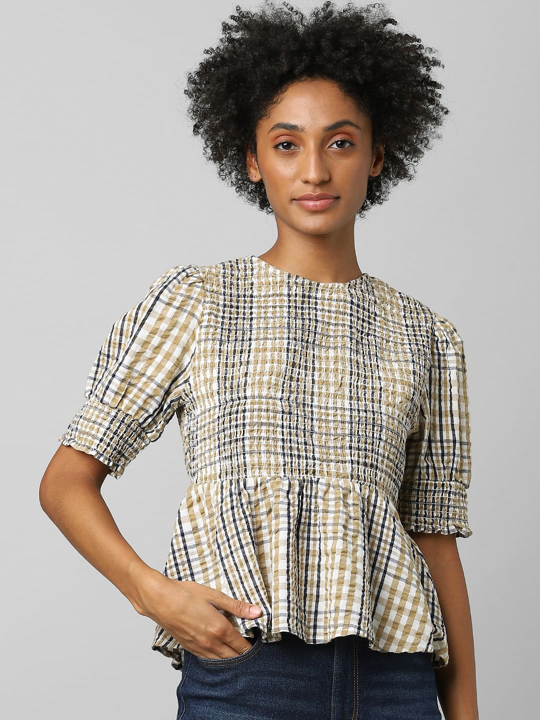 Beige Smock Peplum Top