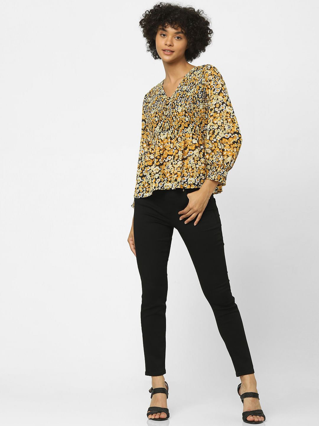 Black Floral Print Peplum Top