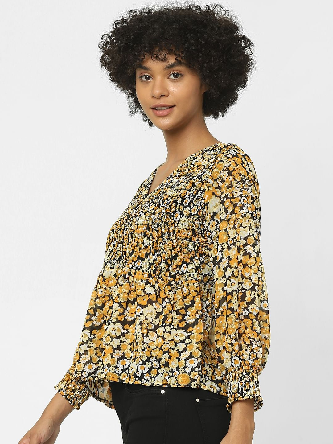 Black Floral Print Peplum Top