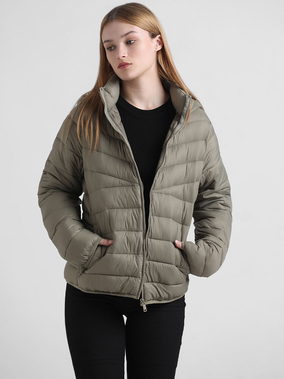 Olive Zip-Up Fitted Puffer Jacket