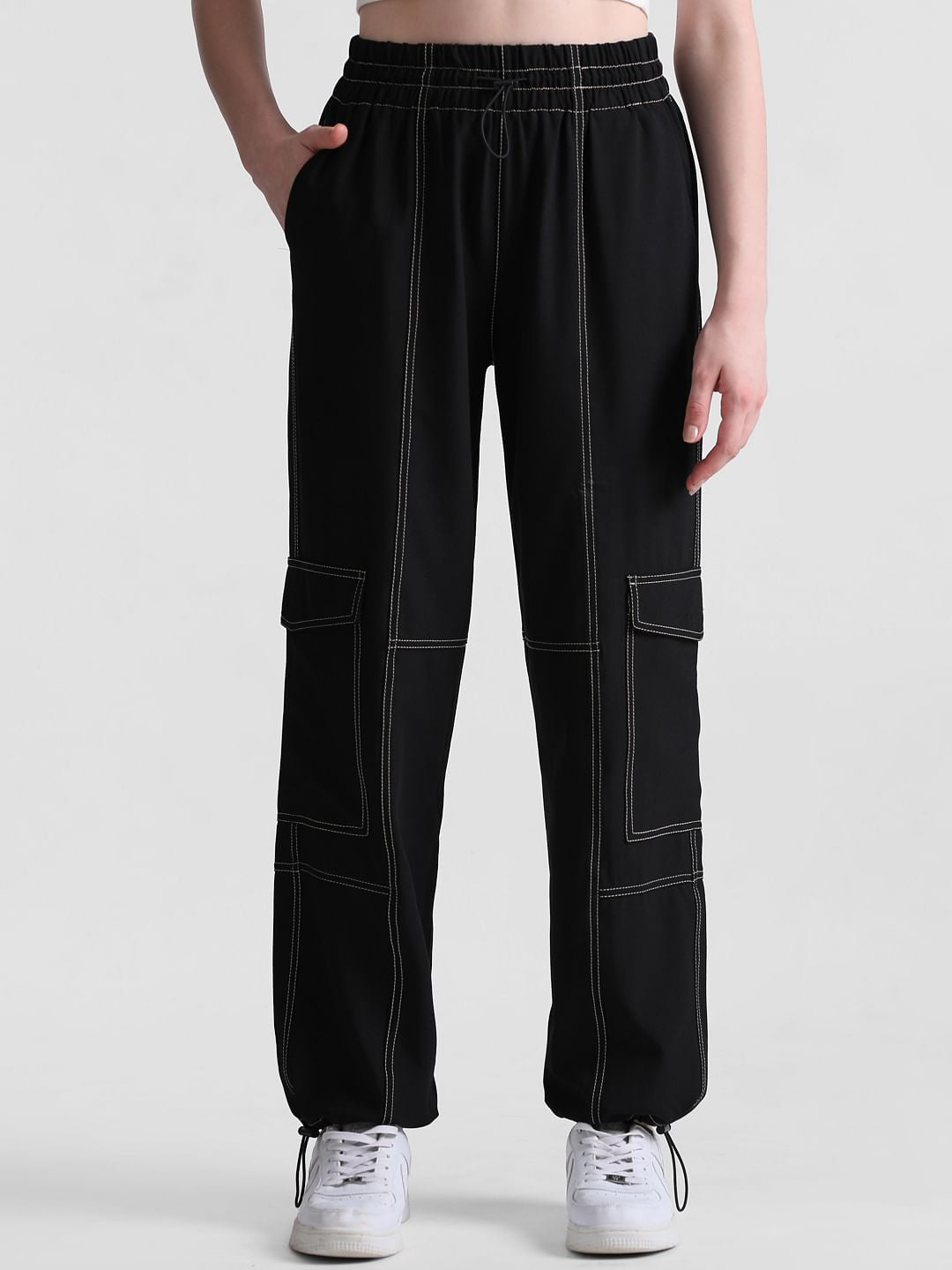 Black High Rise Contrast Stitch Cargos