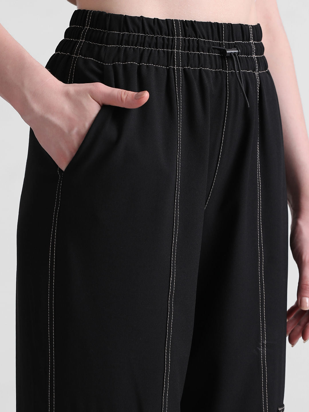 Black High Rise Contrast Stitch Cargos