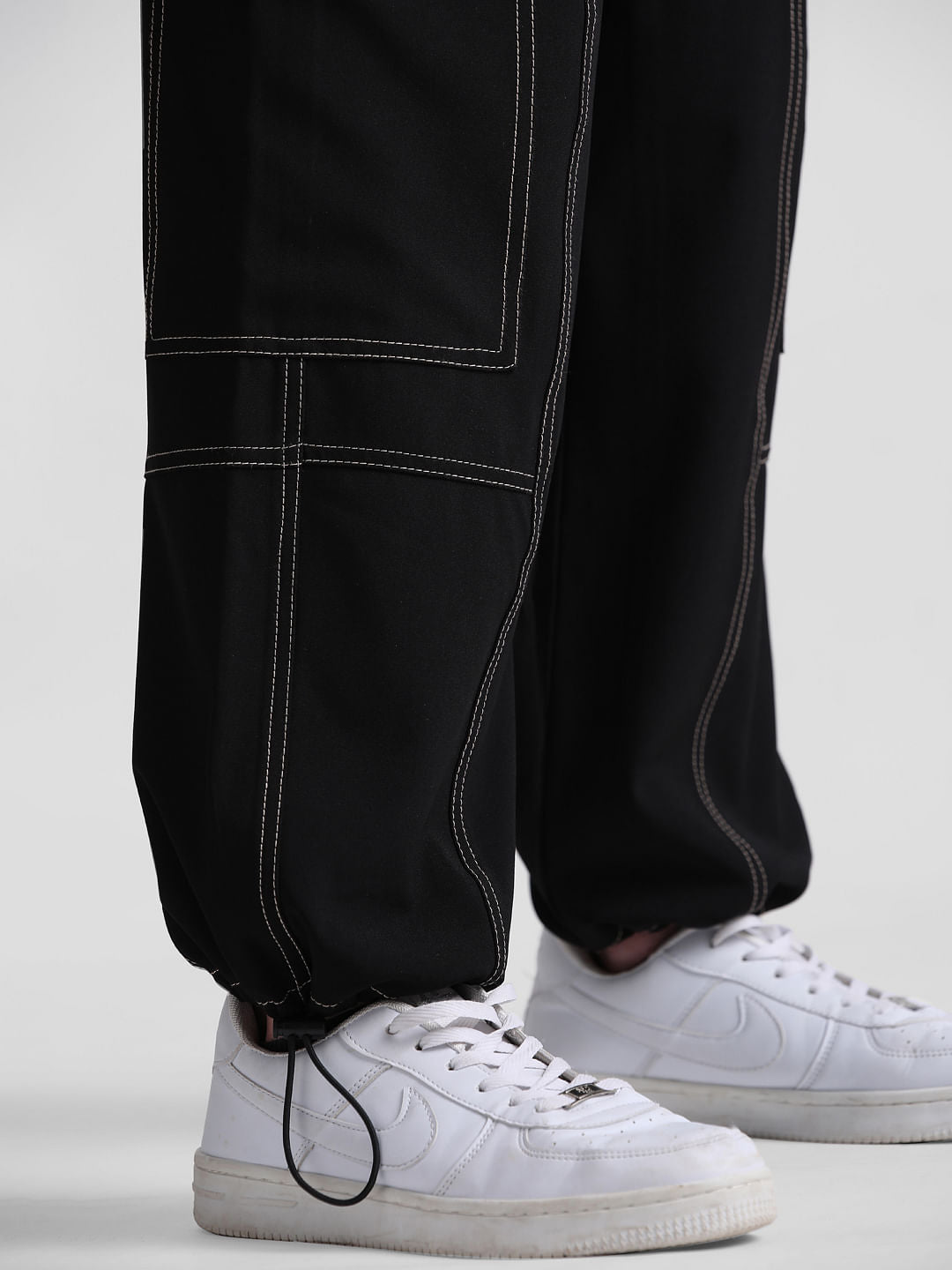 Black High Rise Contrast Stitch Cargos