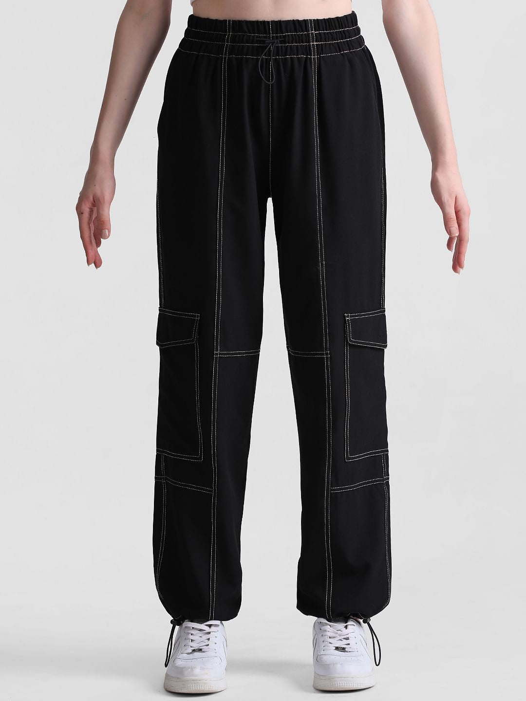 Black High Rise Contrast Stitch Cargos