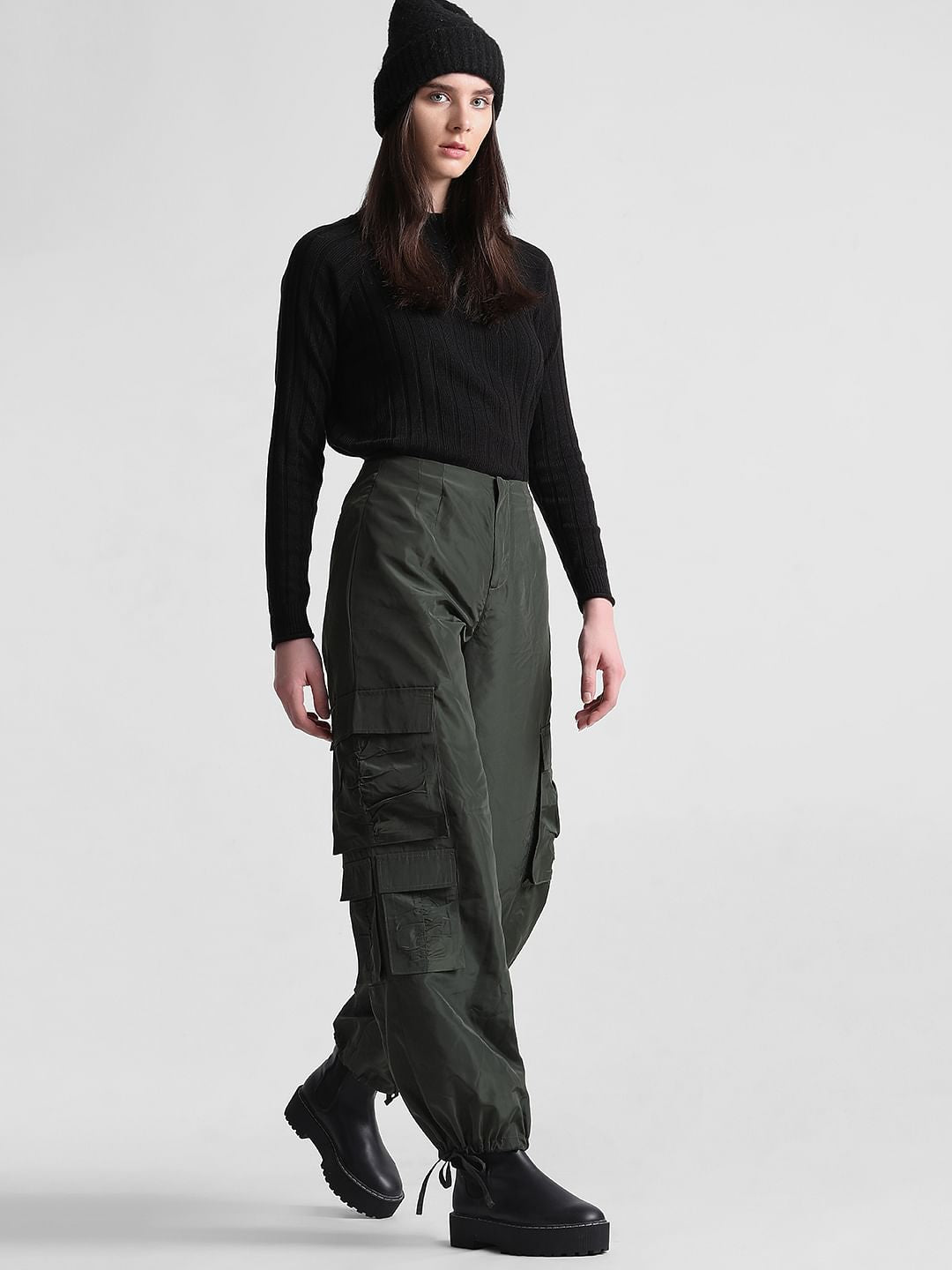 Dark Green Mid Rise Utility Cargo Pants