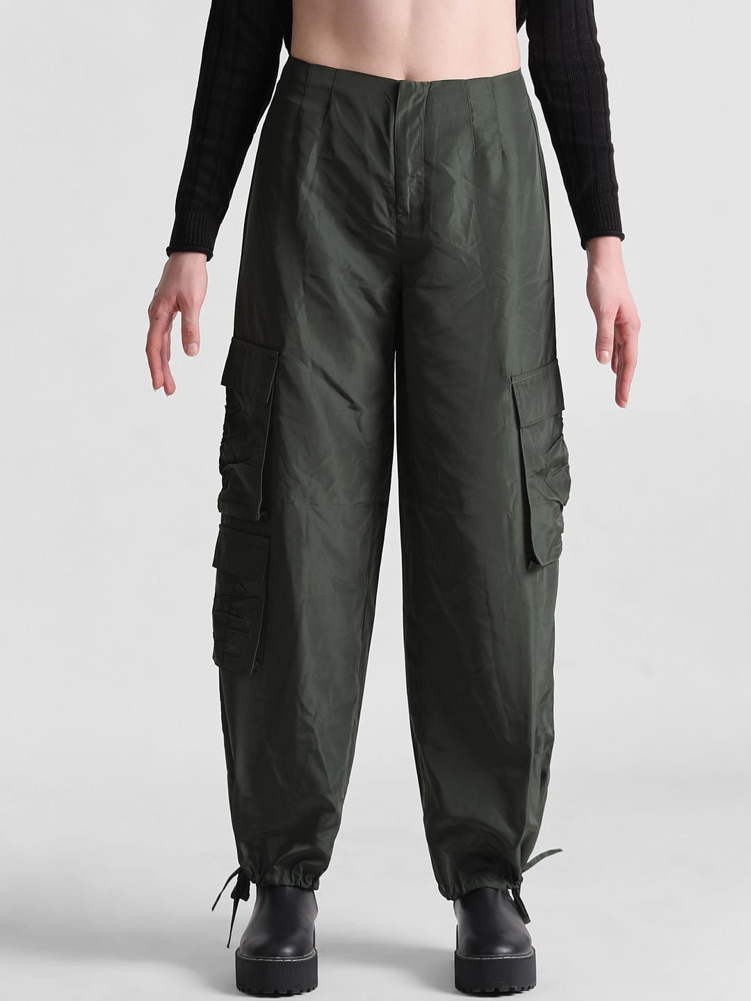 Dark Green Mid Rise Utility Cargo Pants