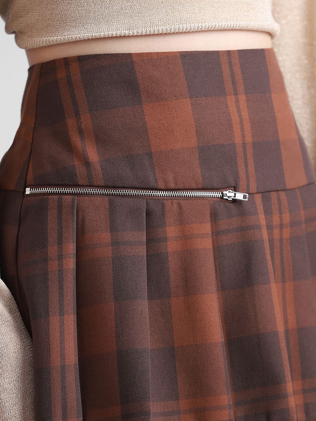 Brown High Rise Check Mini Skirt