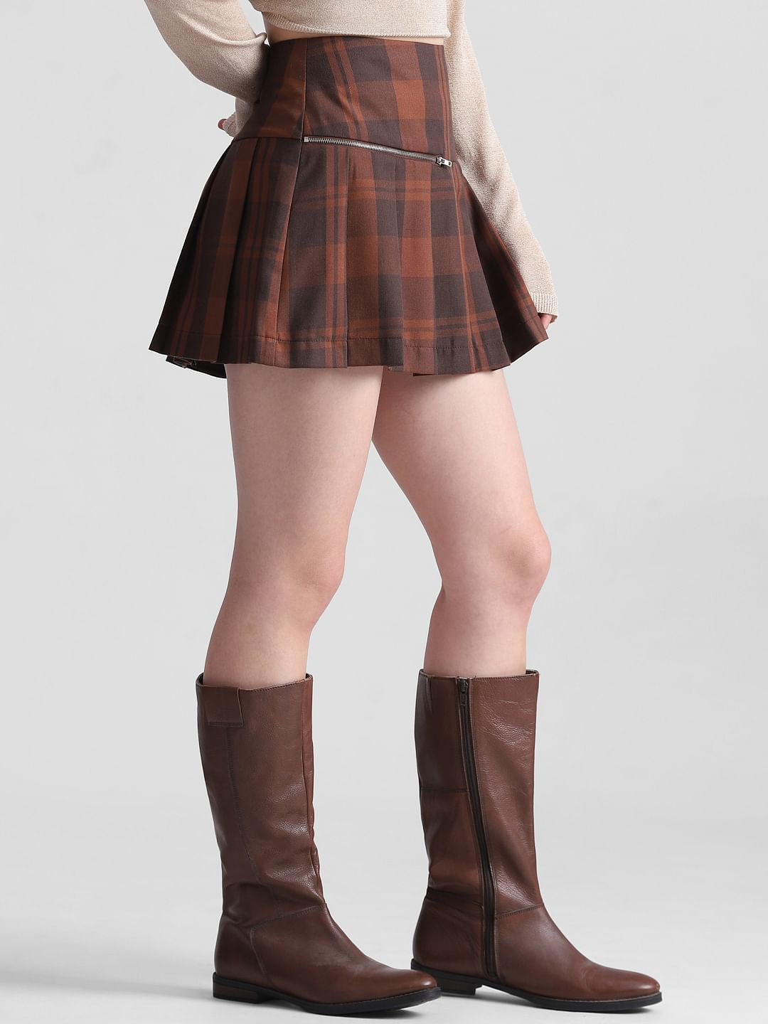 Brown High Rise Check Mini Skirt