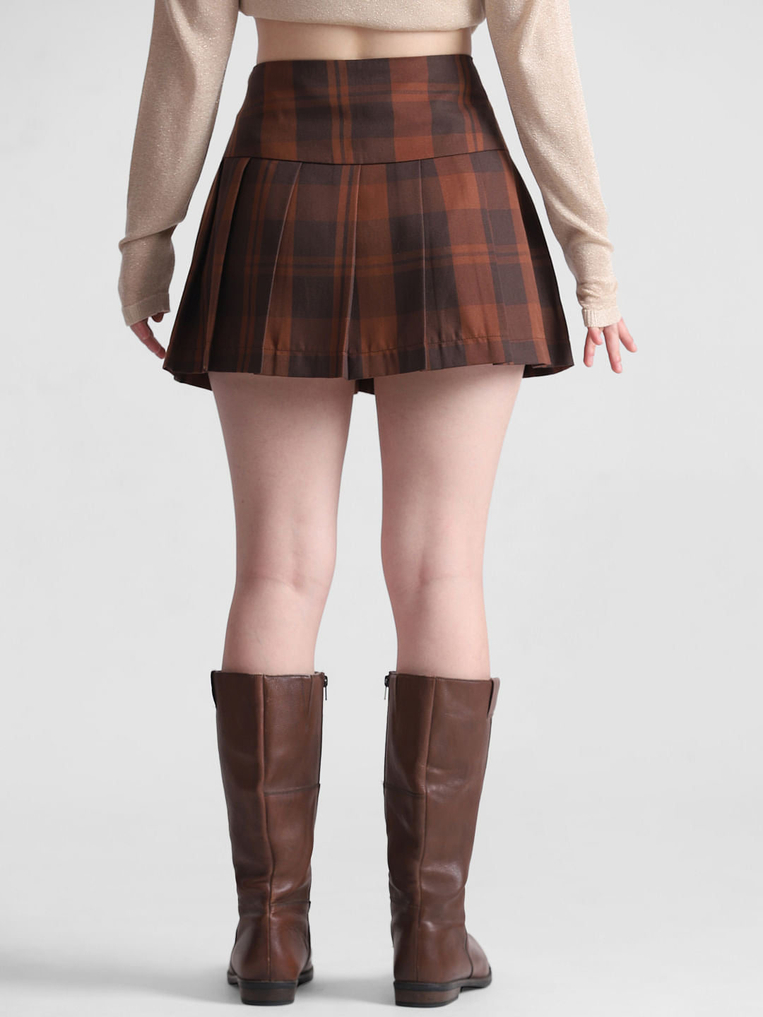 Brown High Rise Check Mini Skirt