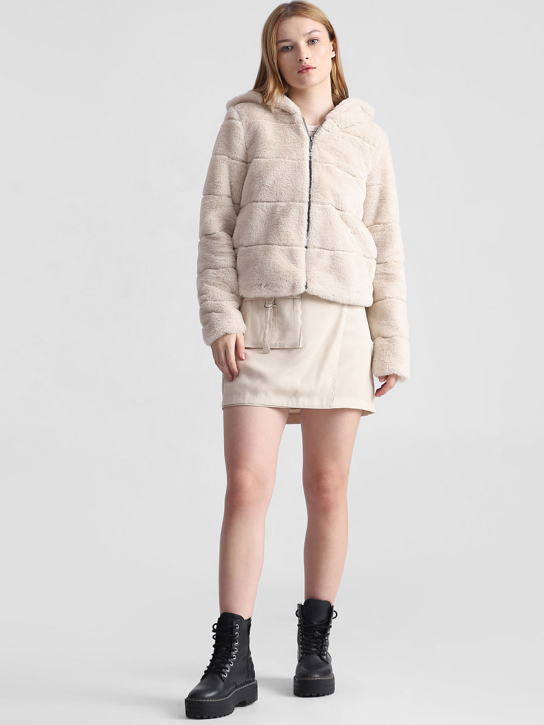 Beige Faux Fur Hooded Winter Jacket