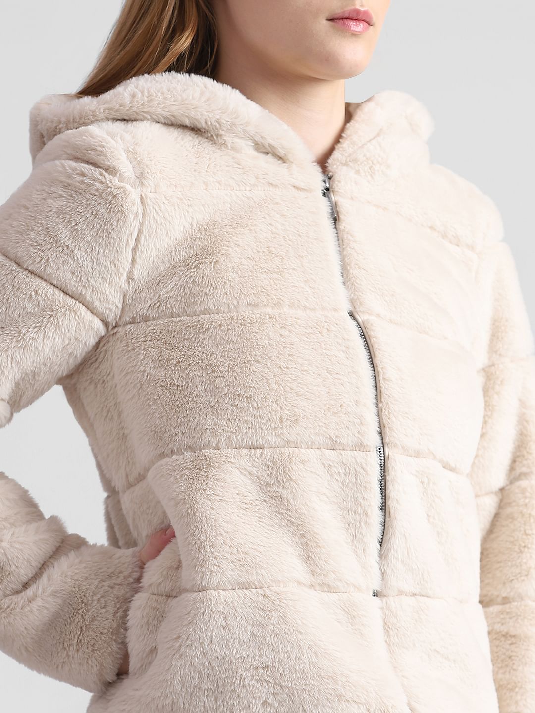 Beige Faux Fur Hooded Winter Jacket