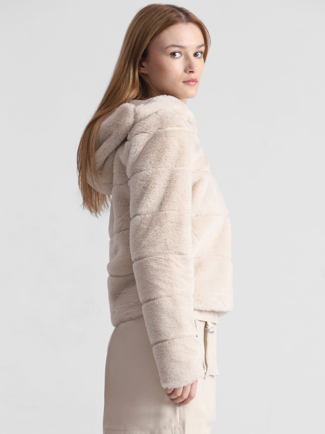 Beige Faux Fur Hooded Winter Jacket