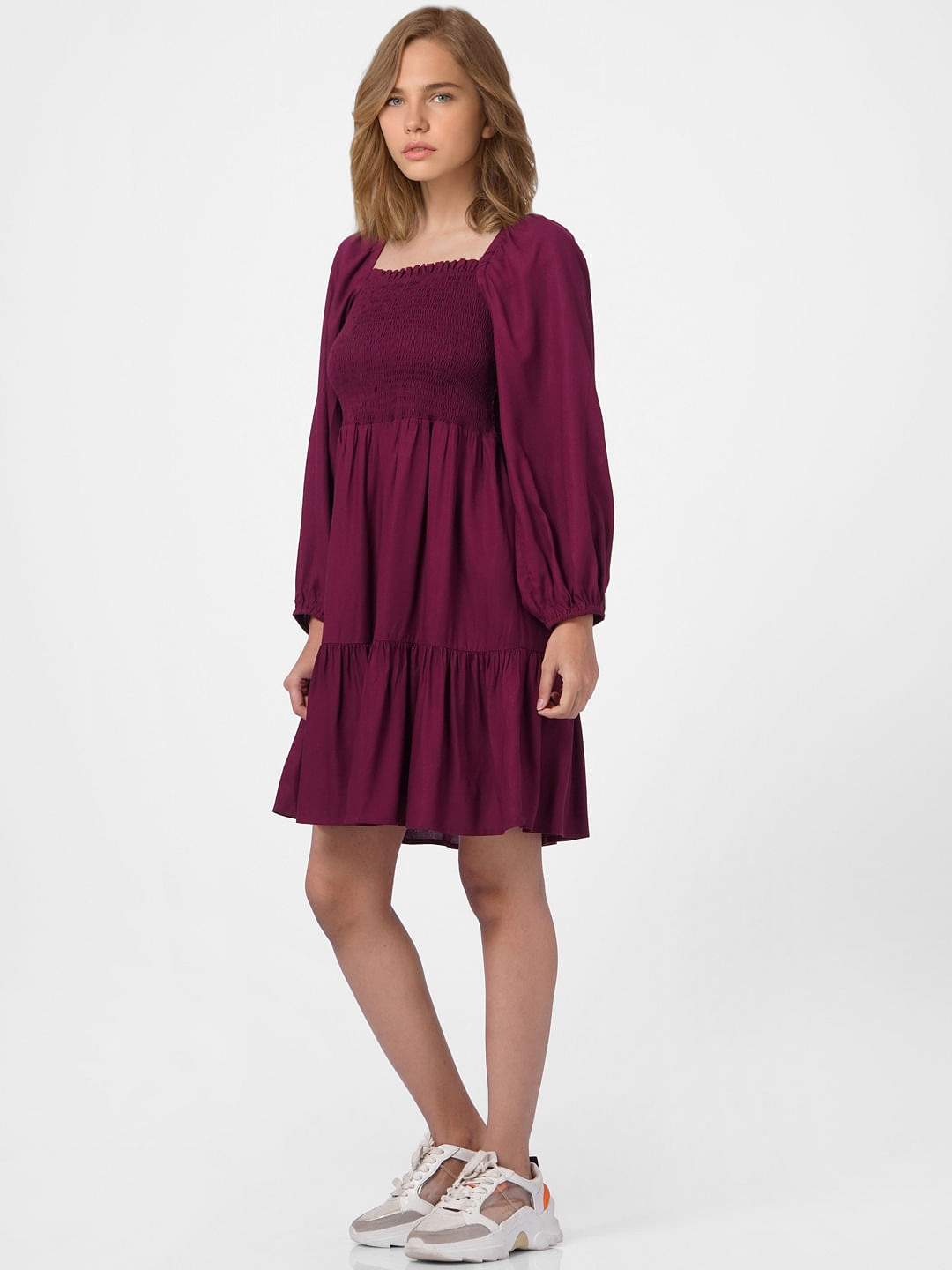 Purple Smocked Fit & Flare Dress