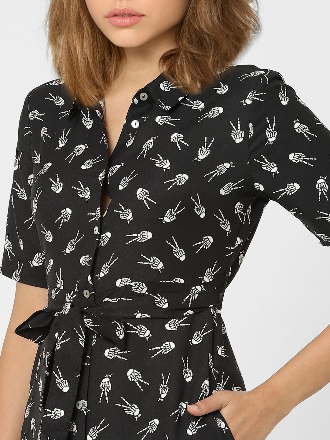 Black Printed Belted Dress