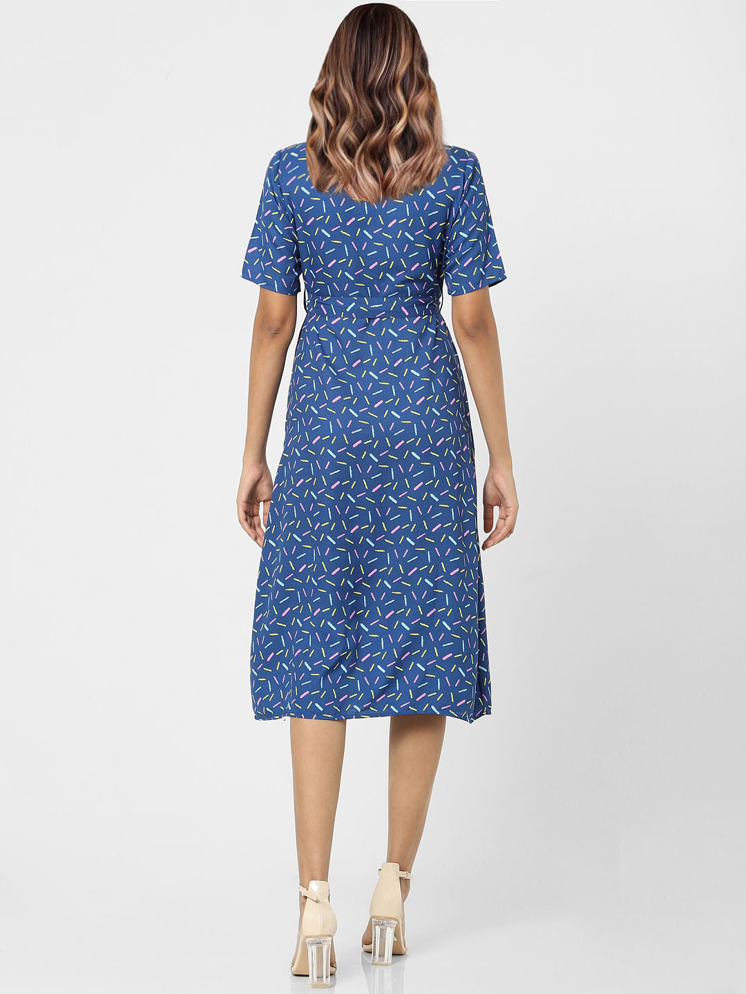 Blue Printed Belted Dress