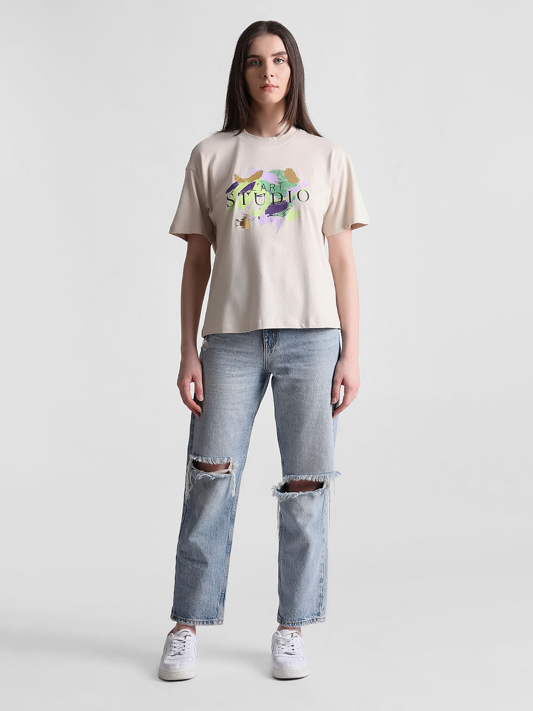 Beige Foil Print T-Shirt