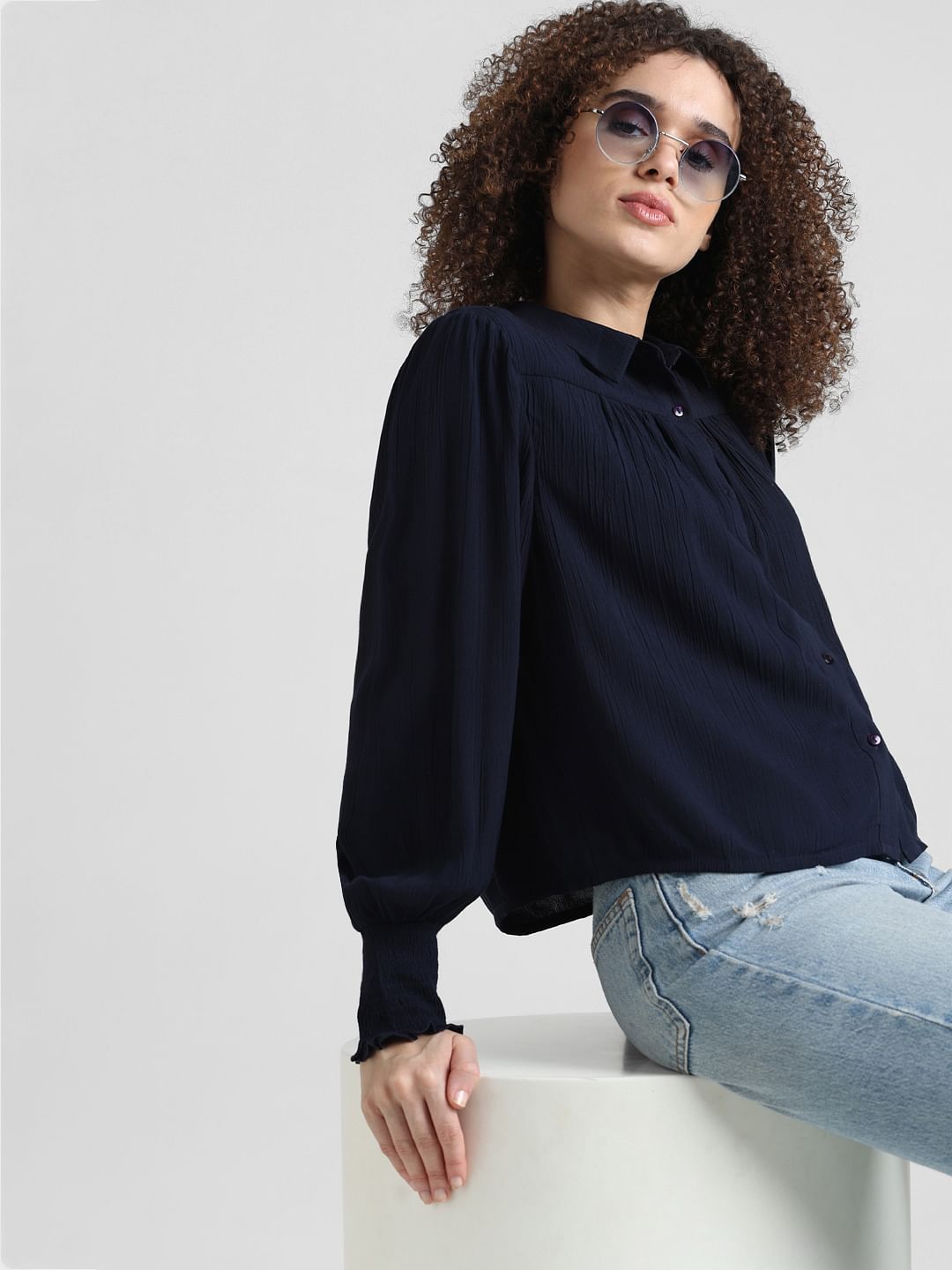 Navy Blue Crinkle Weave Shirt