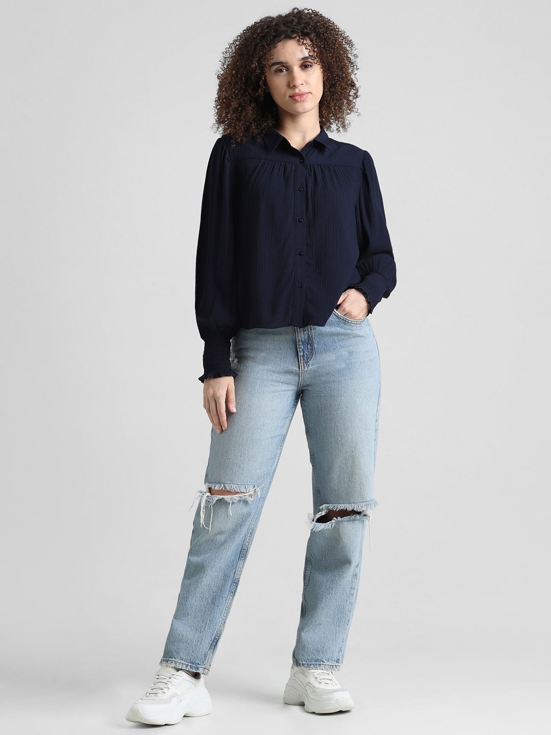 Navy Blue Crinkle Weave Shirt