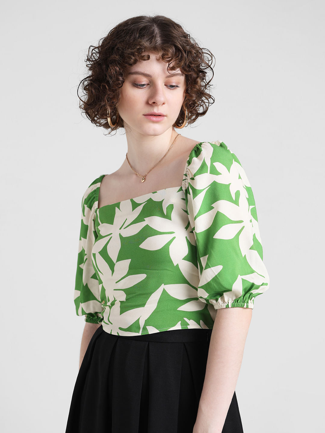 Green Printed Smocked Top