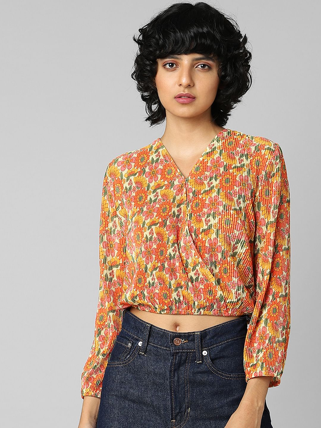 Orange Floral Plisse Top