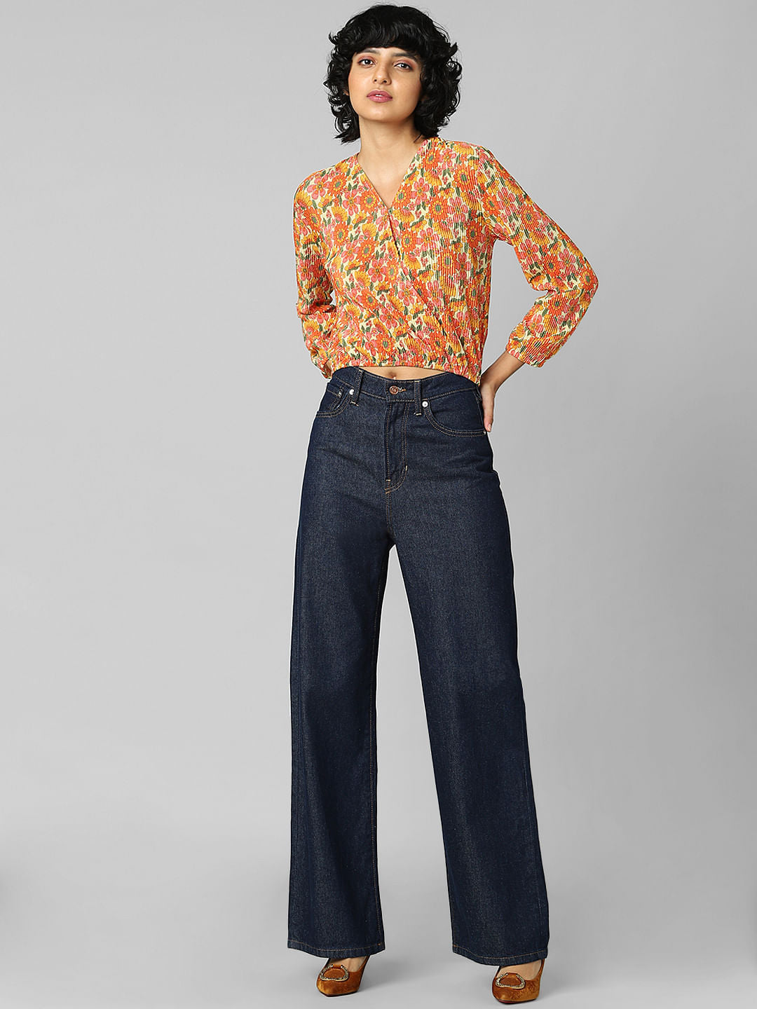 Orange Floral Plisse Top