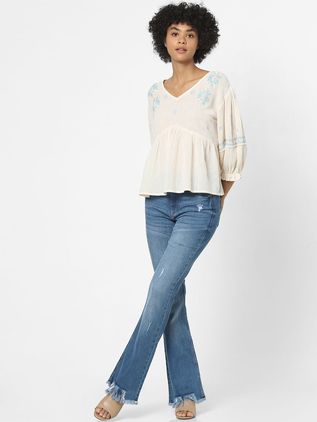 Cream Embroidered Flared Top - Only