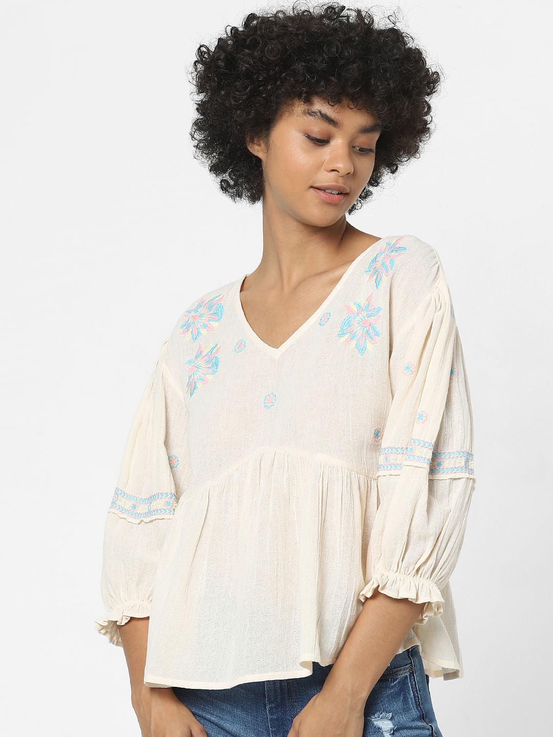Cream Embroidered Flared Top - Only
