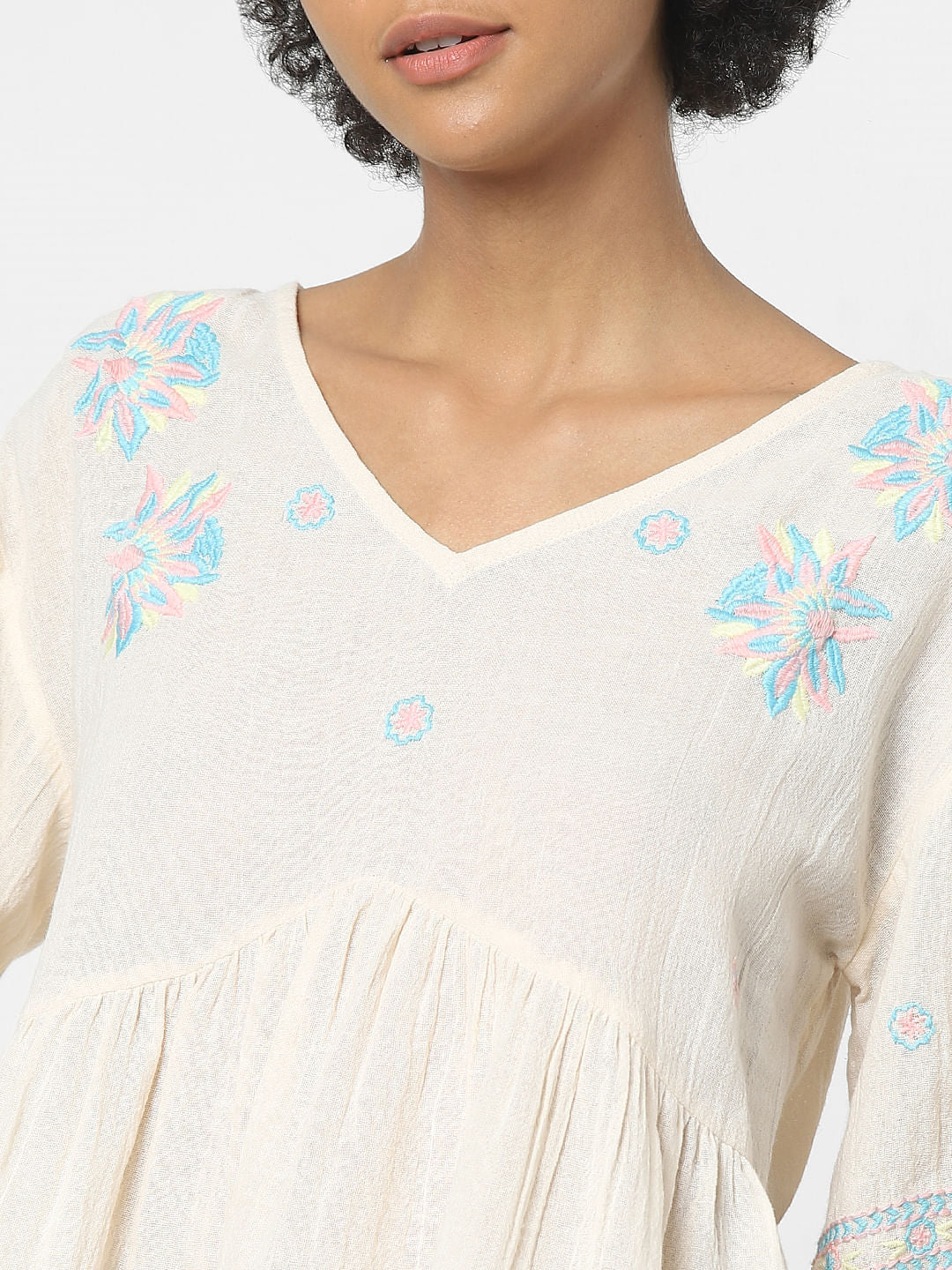 Cream Embroidered Flared Top - Only