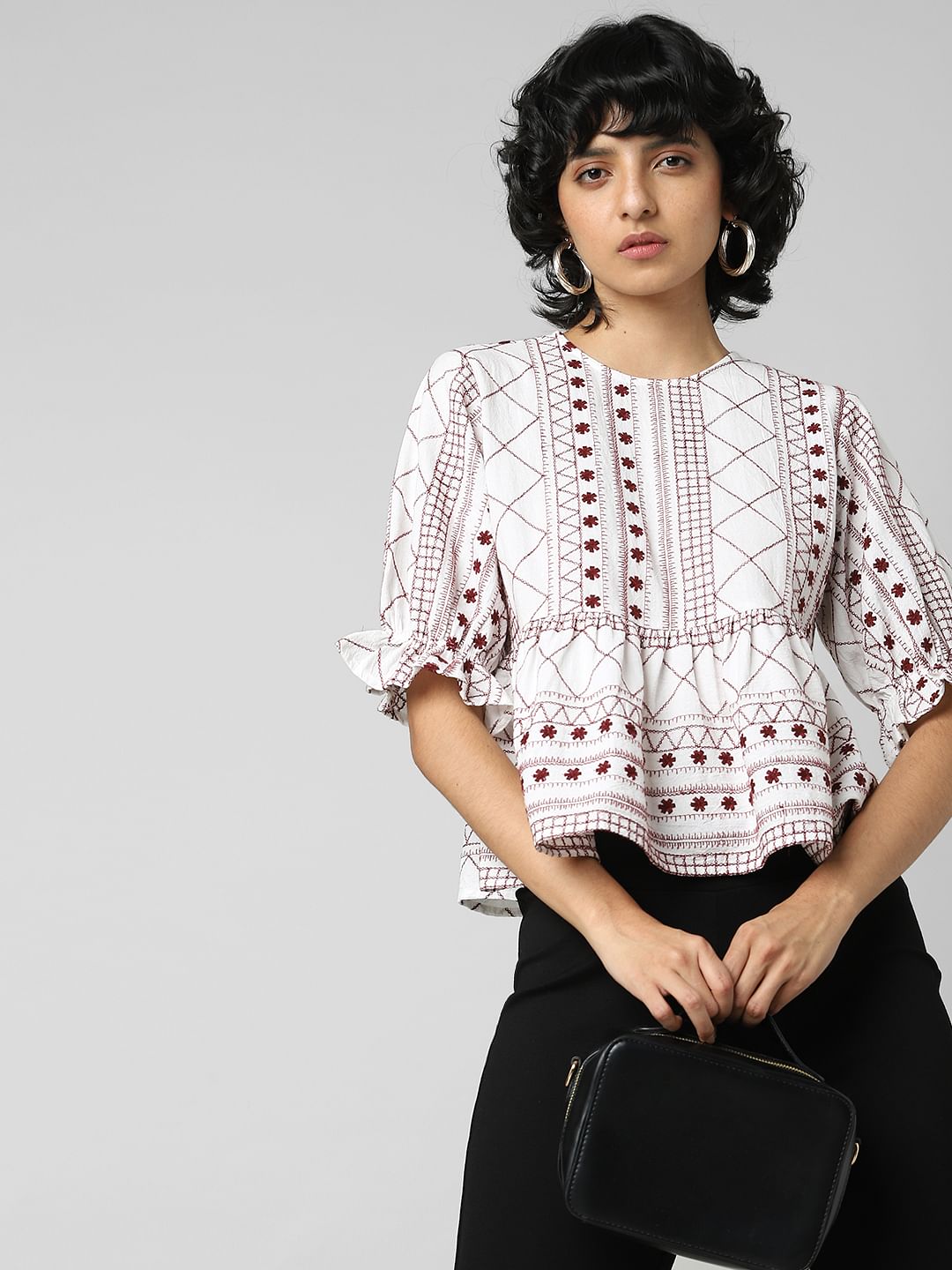 White Embroidered Flared Top