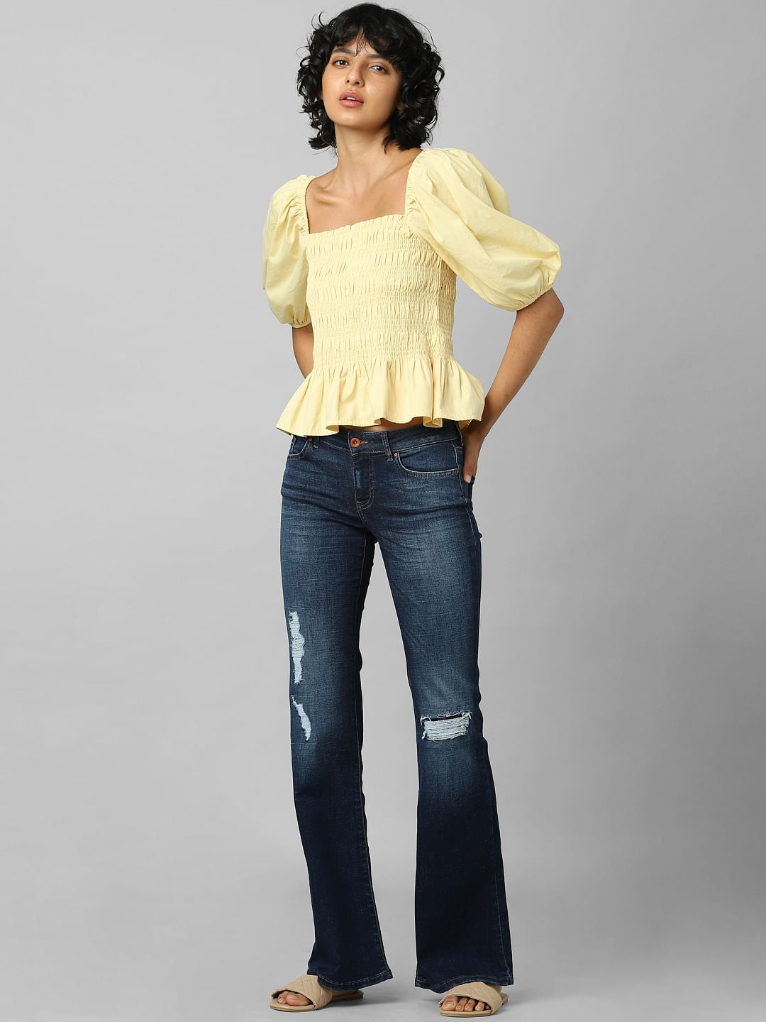 Yellow Smocked Peplum Top