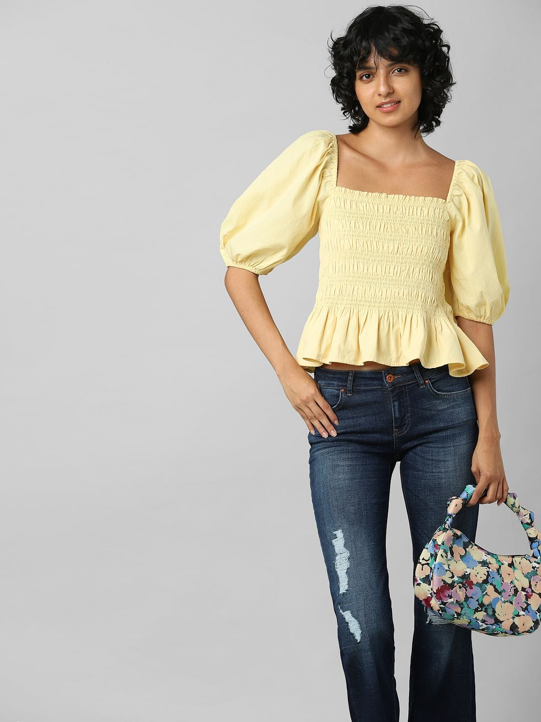 Yellow Smocked Peplum Top