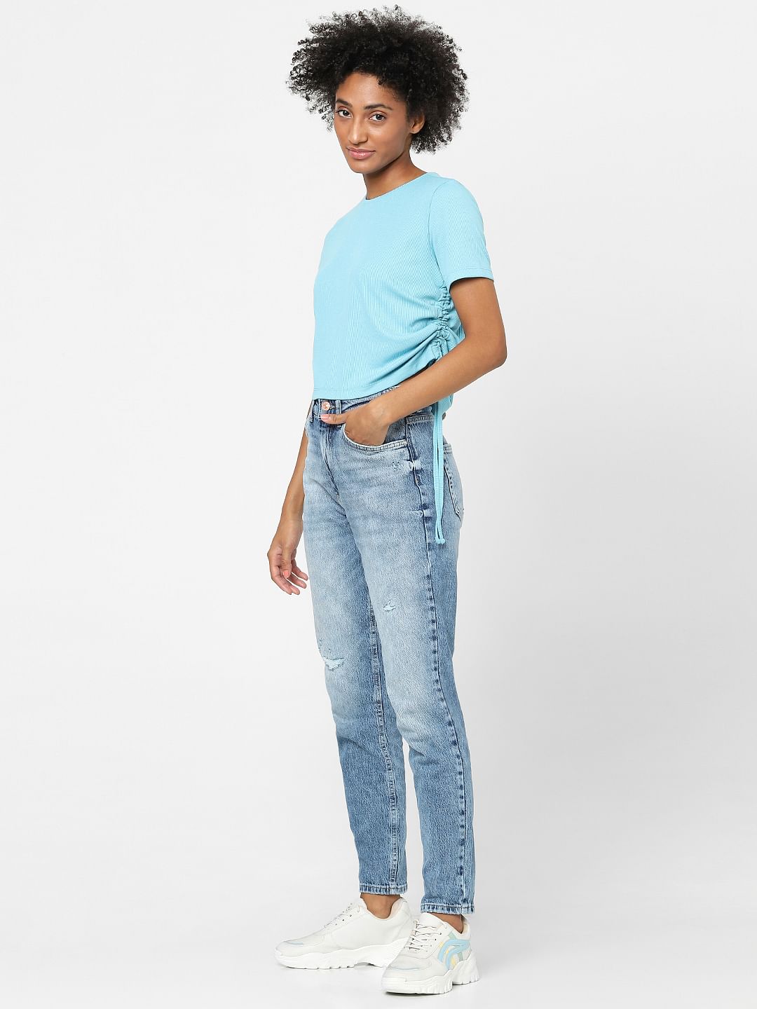 Blue Ruched Ribbed T-Shirt