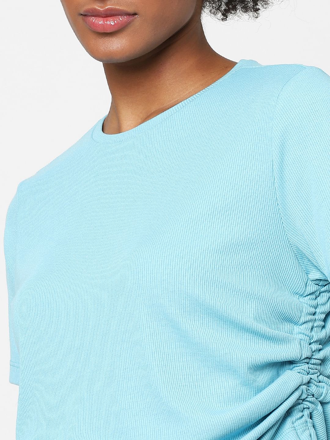 Blue Ruched Ribbed T-Shirt