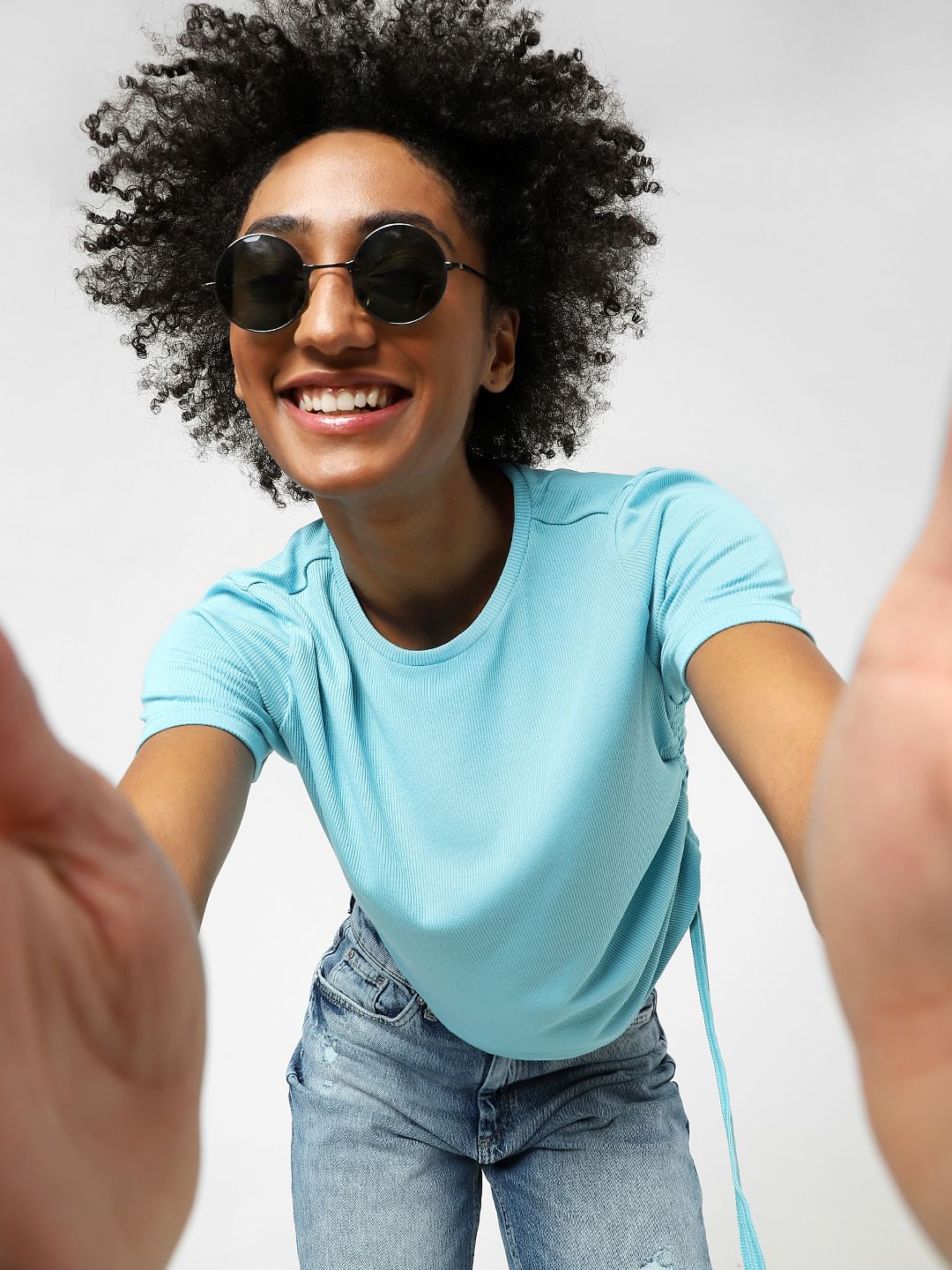 Blue Ruched Ribbed T-Shirt