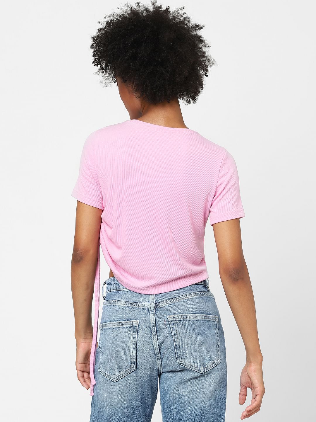 Pink Ruched Ribbed T-Shirt