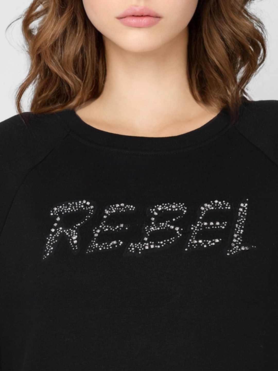 Black Text Print Cropped Sweatshirt