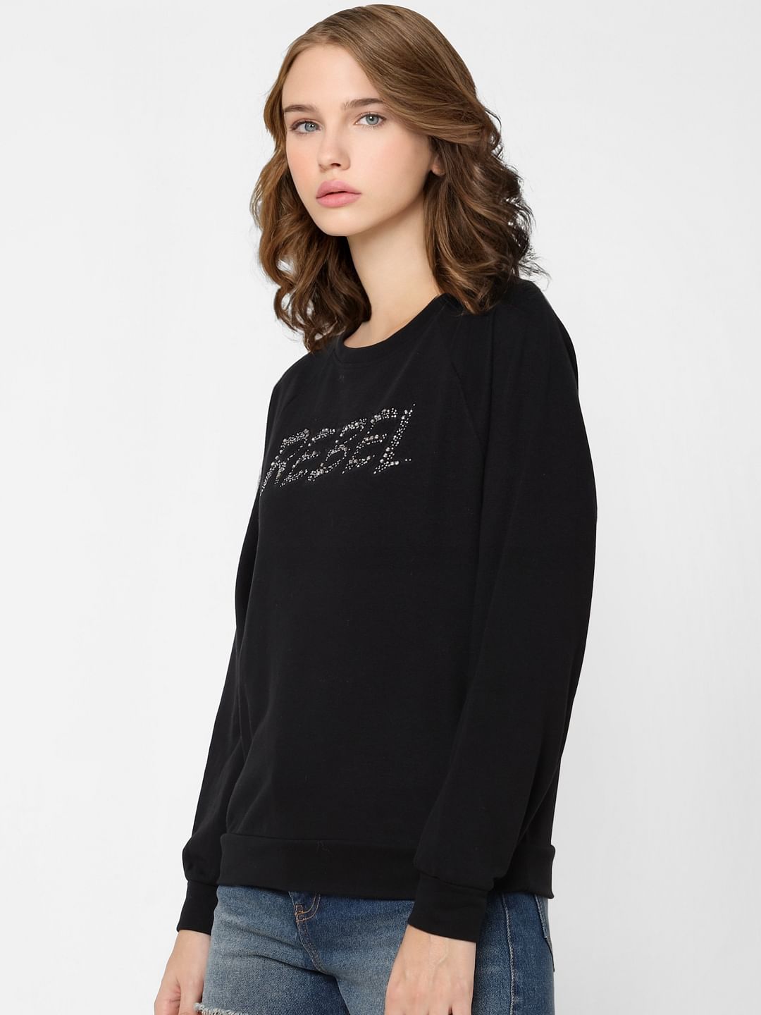 Black Text Print Cropped Sweatshirt