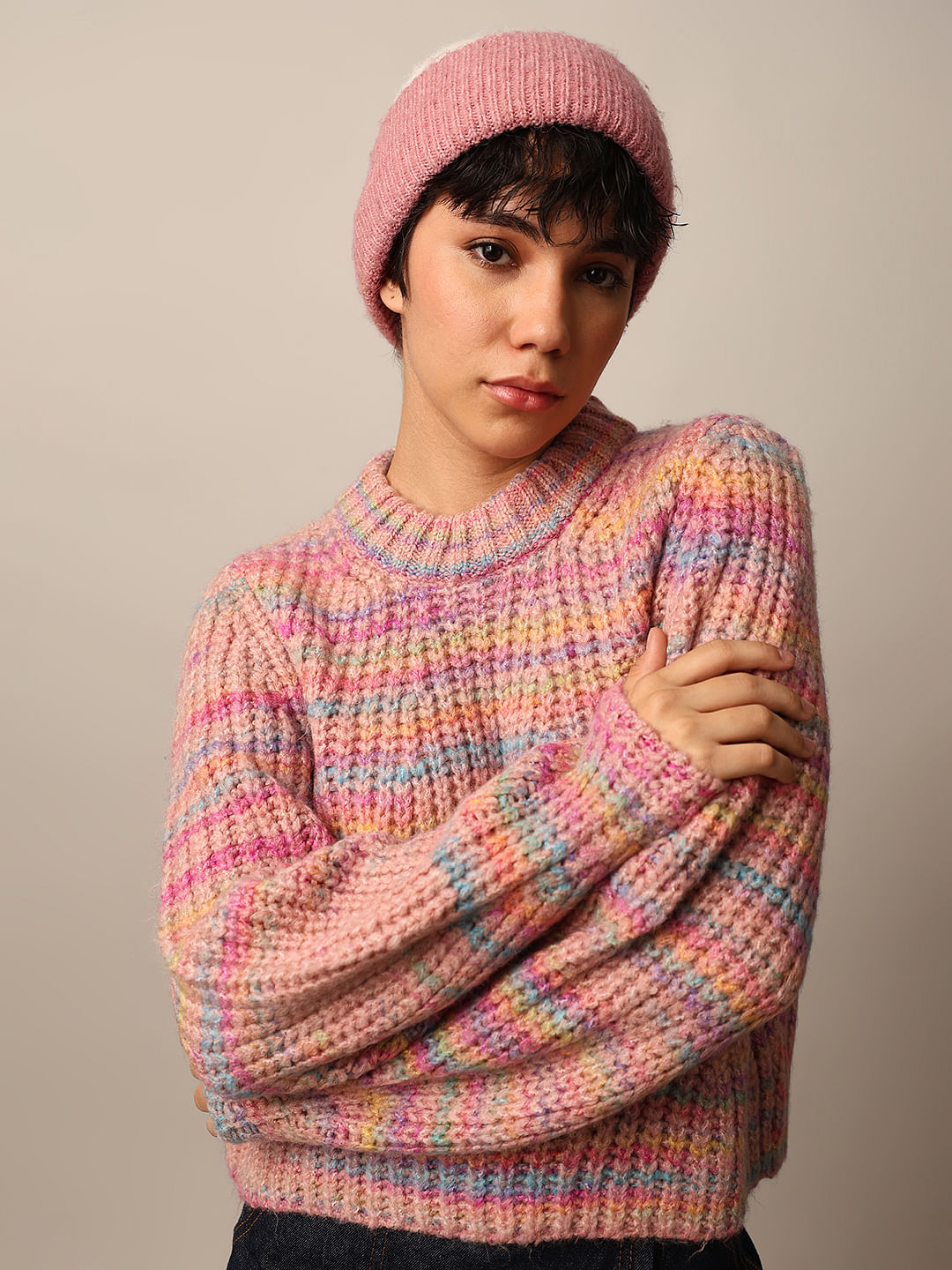 Pink Textured Knit Pullover