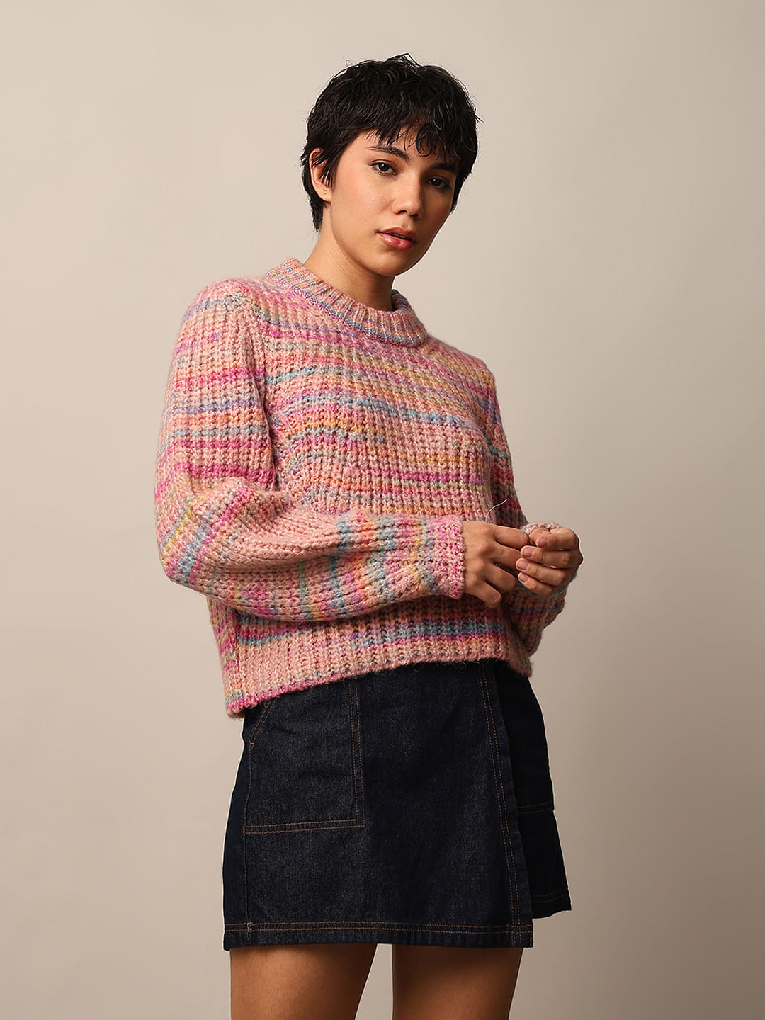 Pink Textured Knit Pullover