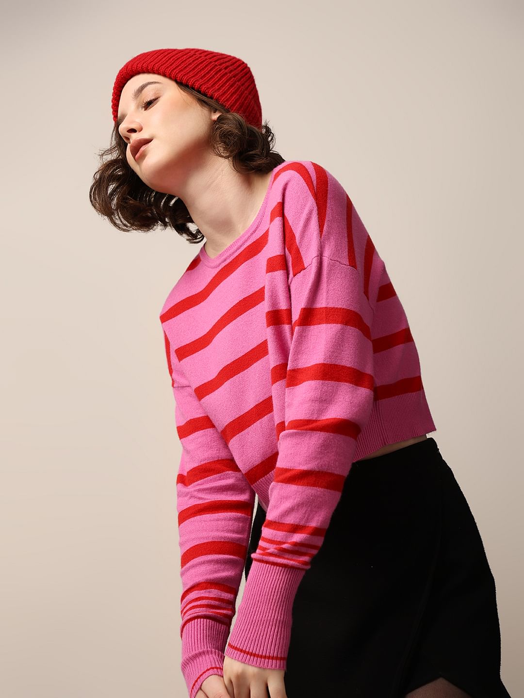 Pink Colourblocked Cropped Pullover - XS