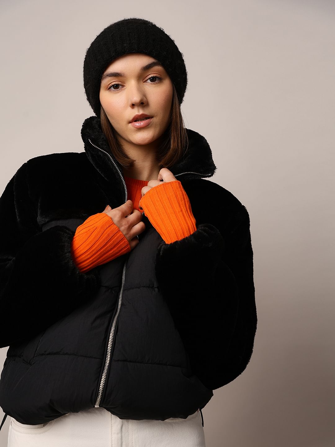 Black Fur Mix Puffer Jacket - XS