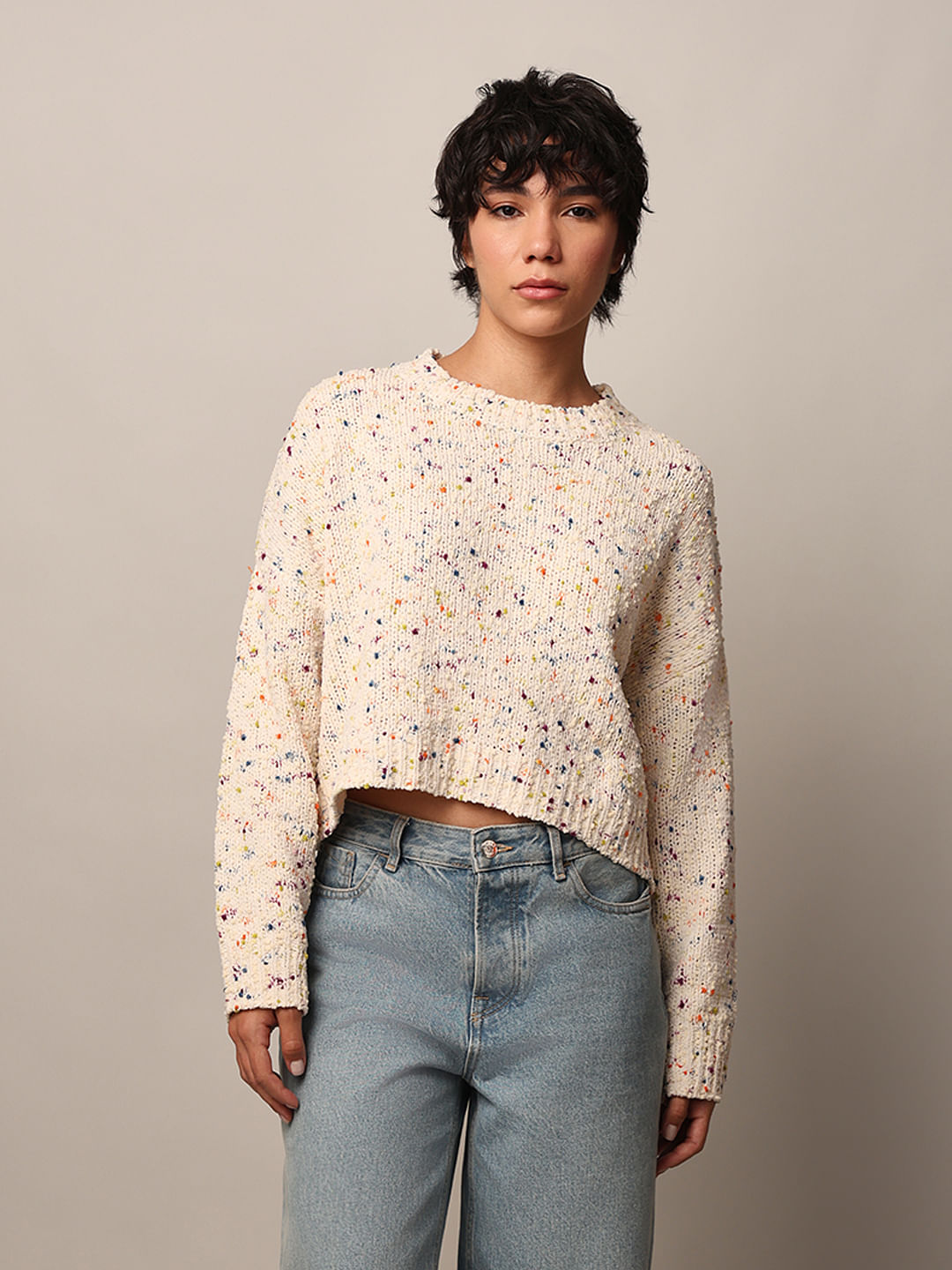 White Textured Cropped Pullover