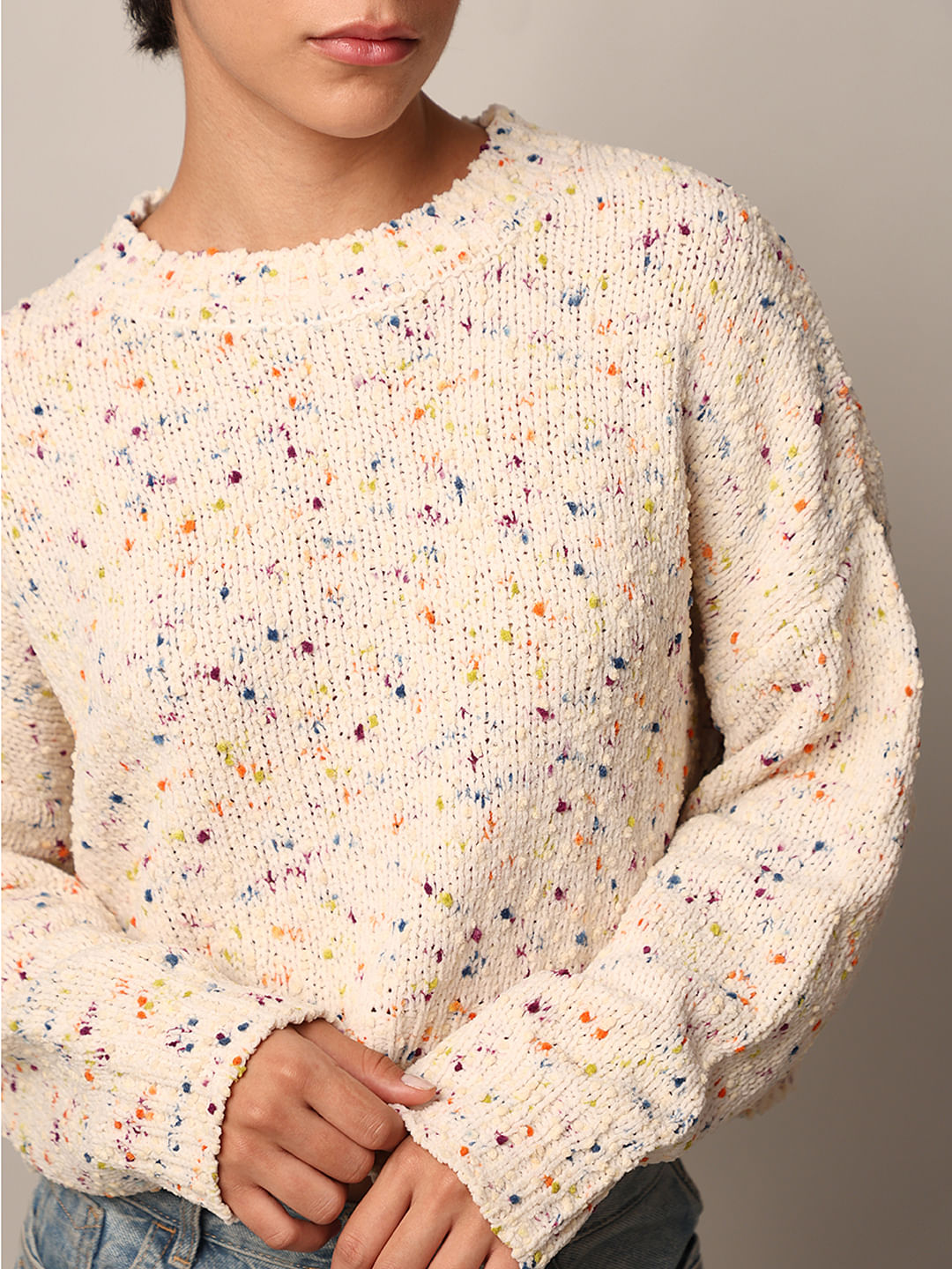 White Textured Cropped Pullover